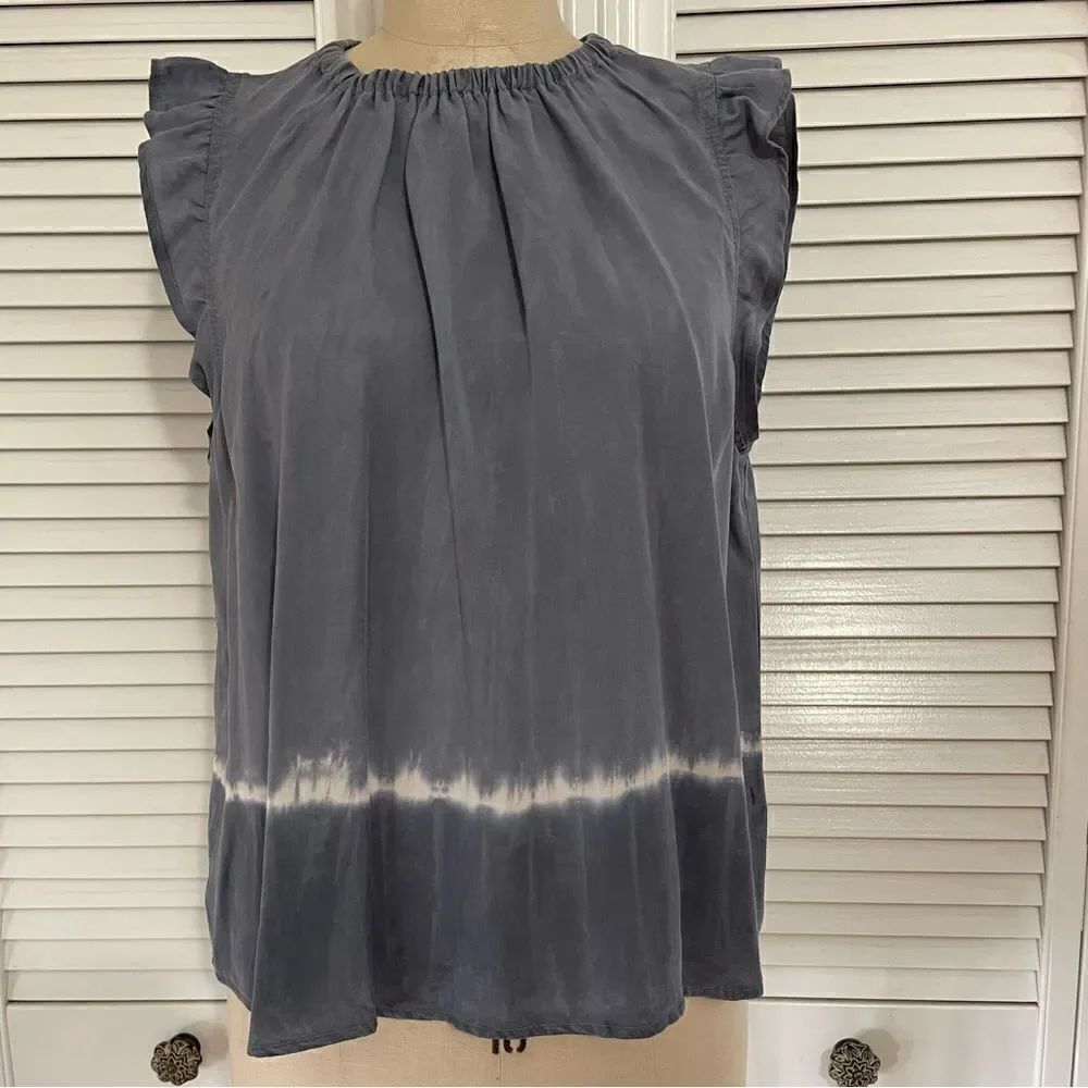 Bella Dahl Blue Acid Wash Tie Dye Short Flowy Sleeved Elastic Neck Top Sz-L